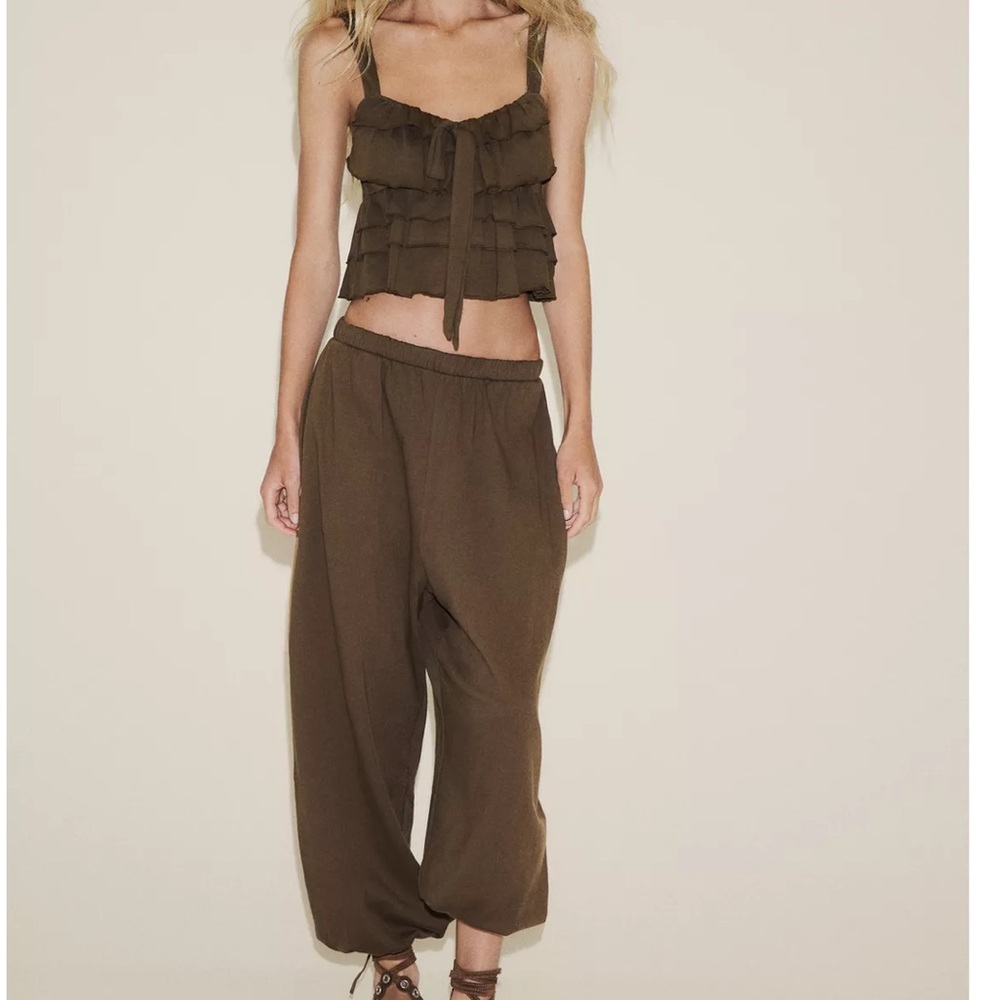 Zara Brown Ruffle Crop Top and Pants Set